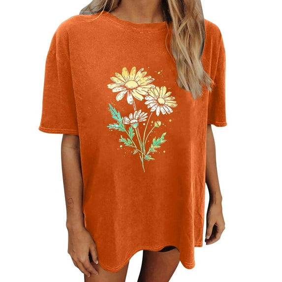 Raeneomay Oversized T Shirts for Women Print Vintage Round Neck Tops T- Tops Short Sleeve Print Blouse