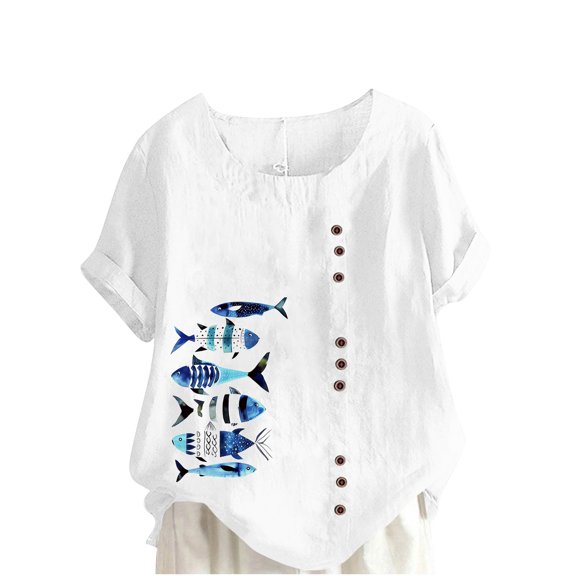 Raeneomay Oversized T Shirts for Women Women Casual Cotton and Linen Top Ocean Fish Printed Short Sleeve Button Tunic T-Shirt Blouse Tops