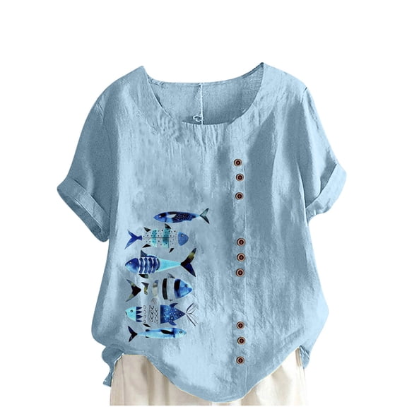 Raeneomay Oversized T Shirts for Women Women Casual Cotton and Linen Top Ocean Fish Printed Short Sleeve Button Tunic T-Shirt Blouse Tops