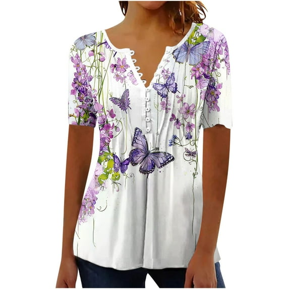Raeneomay Oversized T Shirts for Women Women Fashion Summer Sexy Fold Printed Regular Women Short Sleeves V Neck Button Top