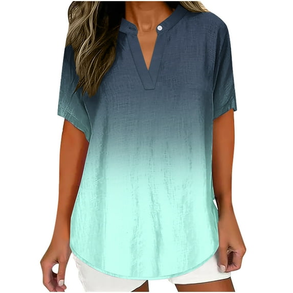 Raeneomay Oversized T Shirts for Women Women's Fashion Printed Loose T-Shirt Buttons Short Sleeve Blouse V-Neck Casual Tops