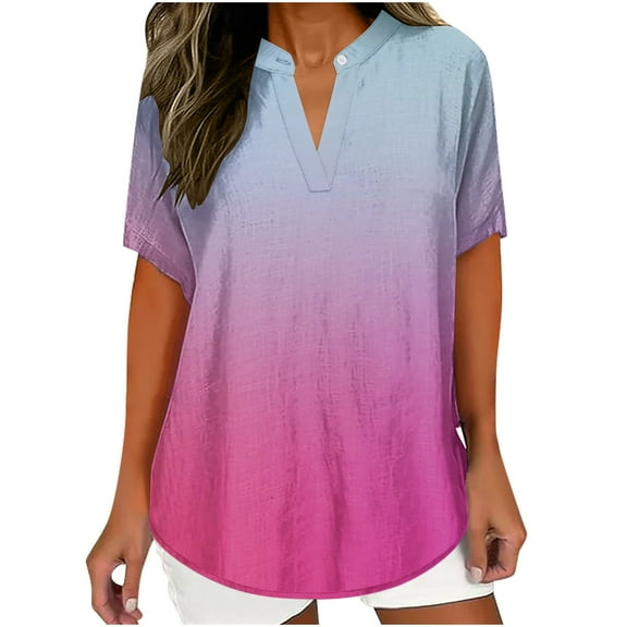 Raeneomay Oversized T Shirts for Women Women's Fashion Printed Loose T-Shirt Buttons Short Sleeve Blouse V-Neck Casual Tops