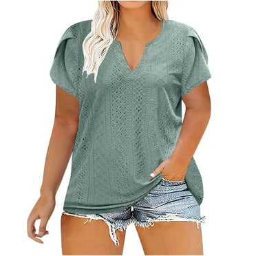 Raeneomay Oversized T Shirts for Women Womens Plus Size Summer Tops Casual v Neck Hollow Tee Shirts Leaf Sleeve Fashion Loose Blouse