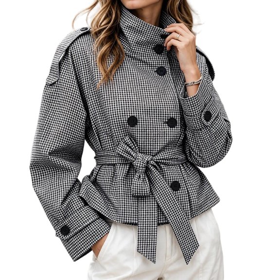 Raeneomay Plaid Jacket for Women Stand Collar Button Tie Belt Pocket Long Sleeve Fall Winter Casual Coat S-XXL