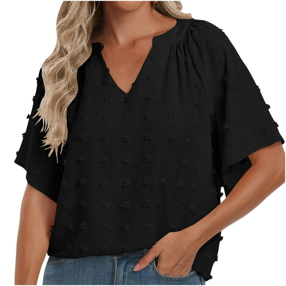 Raeneomay Pleated Tops for Women Fashion Women Solid Color Casual V Neck Short Sleeve Shirts Blouses Tops