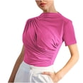 thumbnail image 1 of Raeneomay Pleated Tops for Women Summer New Fashion Versatile Solid Color Pleated Short Sleeve One Line Neck Pullover Slim Pullover Top, 1 of 5