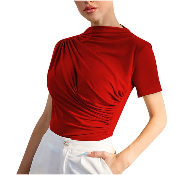 Raeneomay Pleated Tops for Women Summer New Fashion Versatile Solid Color Pleated Short Sleeve One Line Neck Pullover Slim Pullover Top