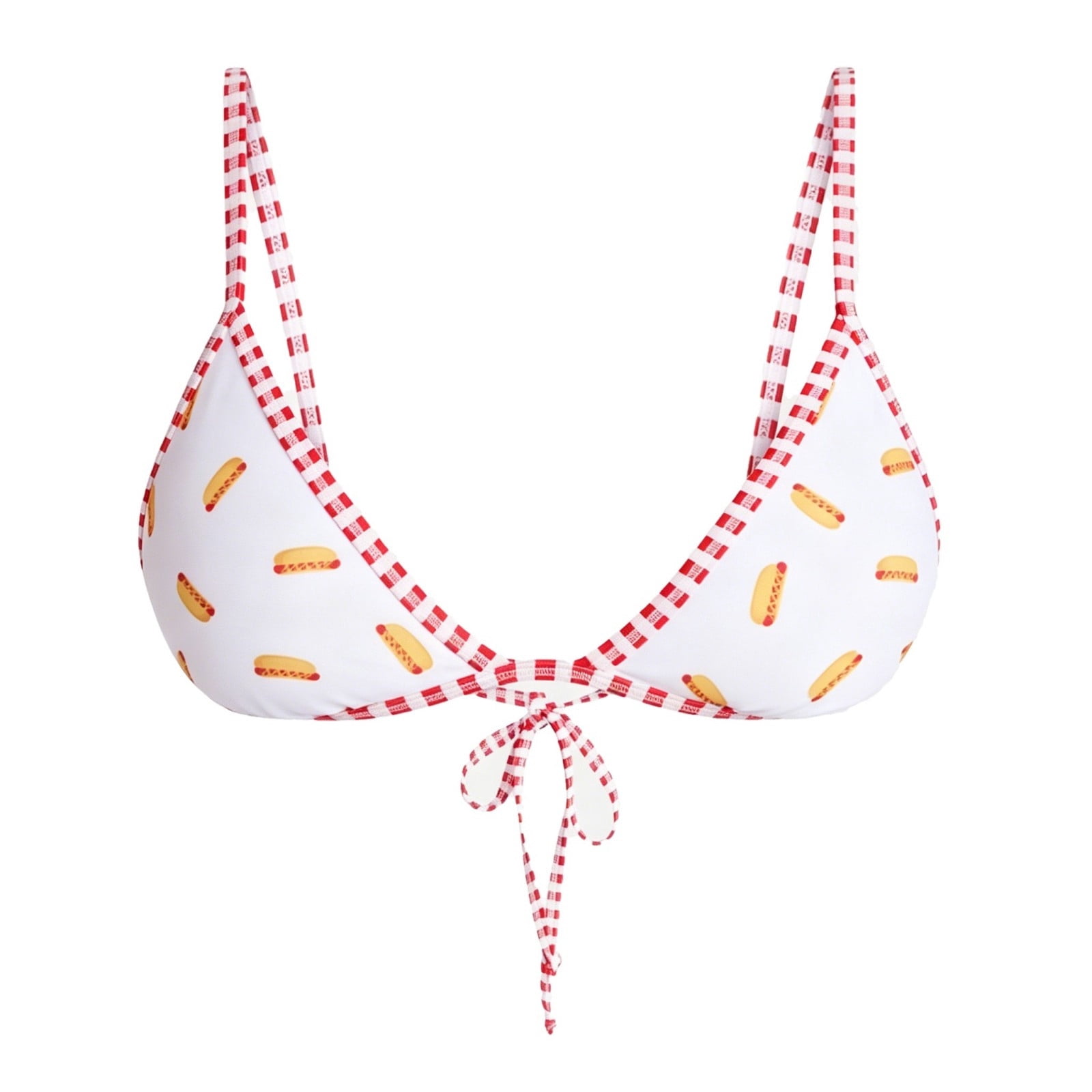 Raeneomay Plus Size Hot Dog Bikini Top, Women's 2-in-1 Hotdog Print Gingham Swim Tops Red Reversible Adjustable Tie Triangle Swimwear for Summer Beach