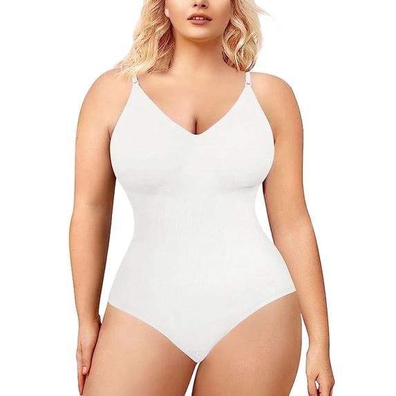 Raeneomay Plus Size Shapewear Bodysuit For Women, Tummy Control Built-in Bra Seamless V-Neck Butt Lifter S-XXXL