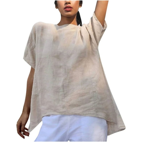 Raeneomay Plus Size Tops for Women Womens Solid Color Cotton Linen Shirt with Irregular Hem Short-Sleeve Patchwork Loose Round Neck Top