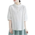 thumbnail image 1 of Raeneomay Quarter Sleeve Tops for Women Women's Retro Artistic Buckle Stand Up Collar Pullover With 1/2 Sleeves T-Shirt Short Sleeved Round Neck Top/Shirt, 1 of 6