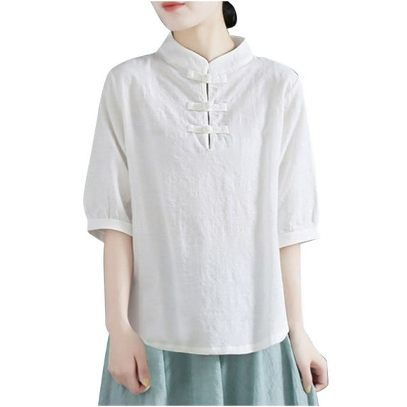 Raeneomay Quarter Sleeve Tops for Women Women's Retro Artistic Buckle Stand Up Collar Pullover With 1/2 Sleeves T-Shirt Short Sleeved Round Neck Top/Shirt