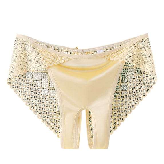 Raeneomay Sexy Ice Silk Open Crotch Panties for Women, Low Waist Lace Seamless Briefs Sheer Stretch Underwear for Date Night & Honeymoon