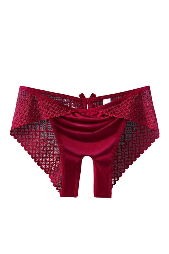 Sexy Ice Silk Open Crotch Panties for Women, Low Waist Lace Seamless Briefs Sheer Stretch Underwear for Date Night & Honeymoon