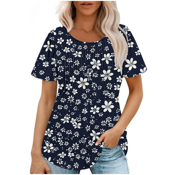 Raeneomay Short Sleeve Tunic Tops Fit Pleated Blouse Shirts Fashionable Women's Casual Short Sleeved Loose Round Neck Printed Top