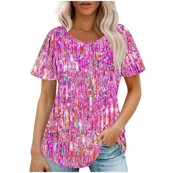 Raeneomay Short Sleeve Tunic Tops Fit Pleated Blouse Shirts Fashionable Women's Casual Short Sleeved Loose Round Neck Printed Top