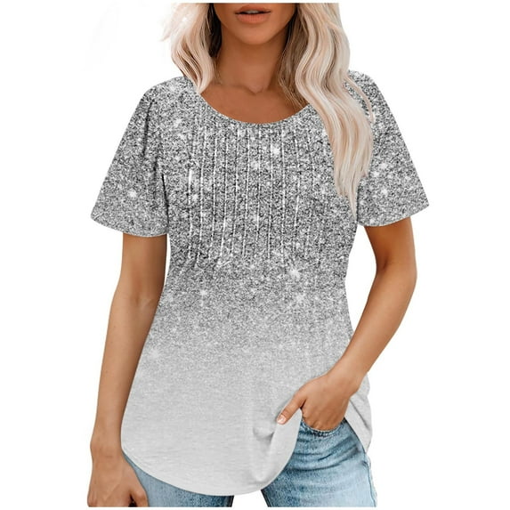 Raeneomay Short Sleeve Tunic Tops Fit Pleated Blouse Shirts Fashionable Women's Casual Short Sleeved Loose Round Neck Printed Top