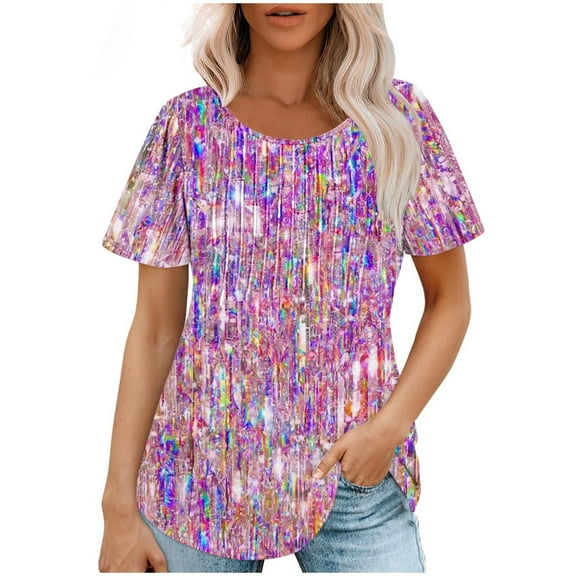 Raeneomay Short Sleeve Tunic Tops Fit Pleated Blouse Shirts Fashionable Women's Casual Short Sleeved Loose Round Neck Printed Top