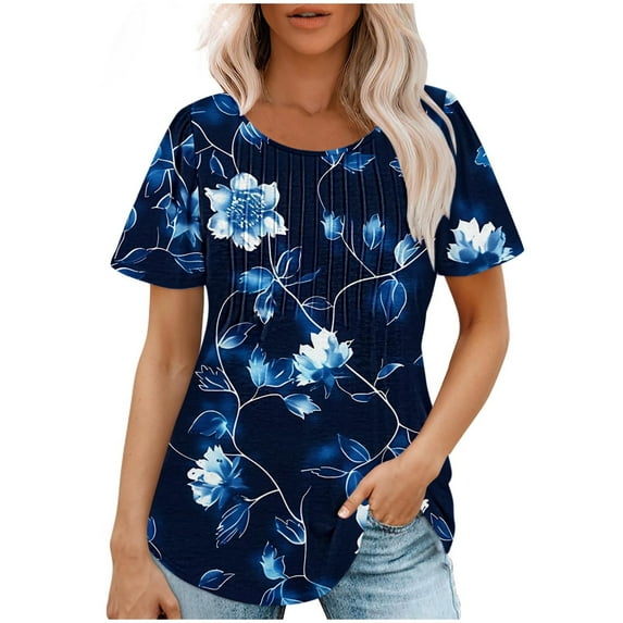 Raeneomay Short Sleeve Tunic Tops Fit Pleated Blouse Shirts Fashionable Women's Casual Short Sleeved Loose Round Neck Printed Top