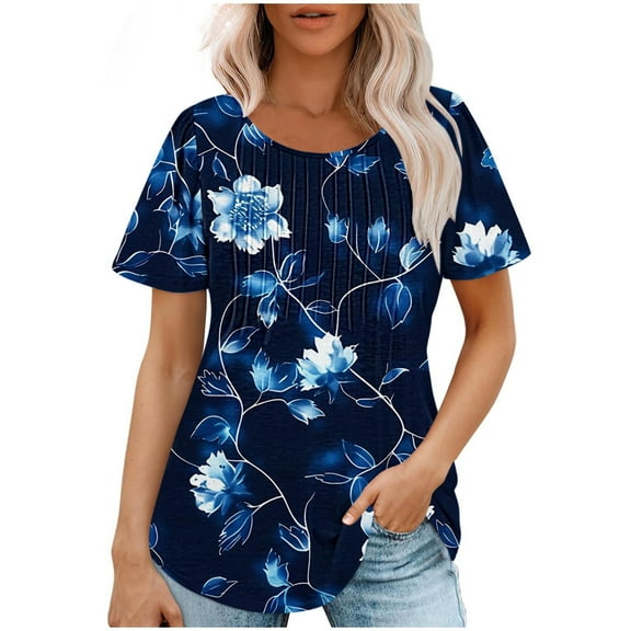 Raeneomay Short Sleeve Tunic Tops Fit Pleated Blouse Shirts Fashionable Women's Casual Short Sleeved Loose Round Neck Printed Top