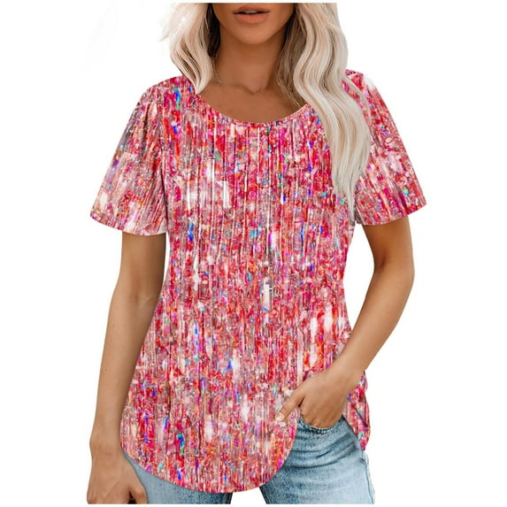 Raeneomay Short Sleeve Tunic Tops Fit Pleated Blouse Shirts Fashionable Women's Casual Short Sleeved Loose Round Neck Printed Top