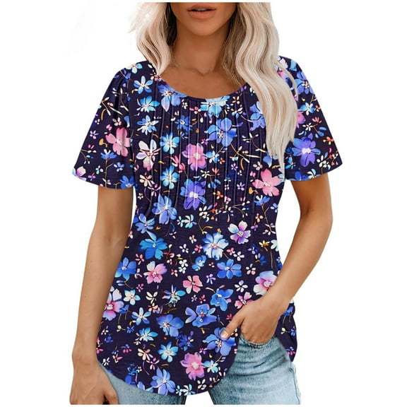Raeneomay Short Sleeve Tunic Tops Fit Pleated Blouse Shirts Fashionable Women's Casual Short Sleeved Loose Round Neck Printed Top