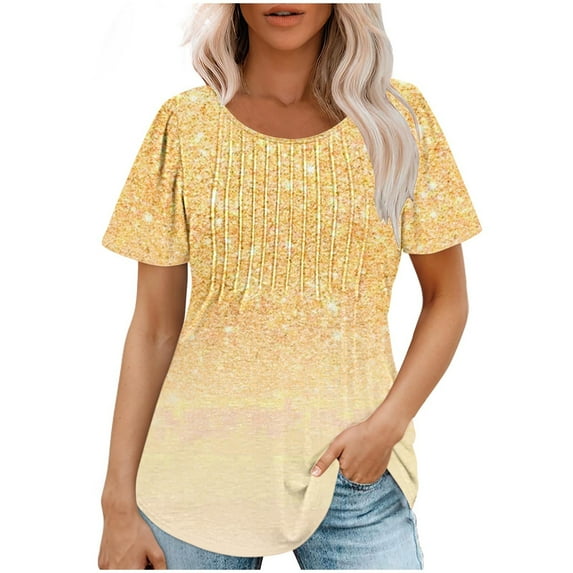 Raeneomay Short Sleeve Tunic Tops Fit Pleated Blouse Shirts Fashionable Women's Casual Short Sleeved Loose Round Neck Printed Top