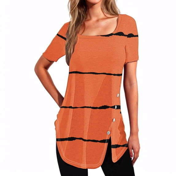 Raeneomay Split Hem Shirt and Oversized T Shirts Women's Short Sleeved Printed Neck Button Open Hem T-Shirt Top