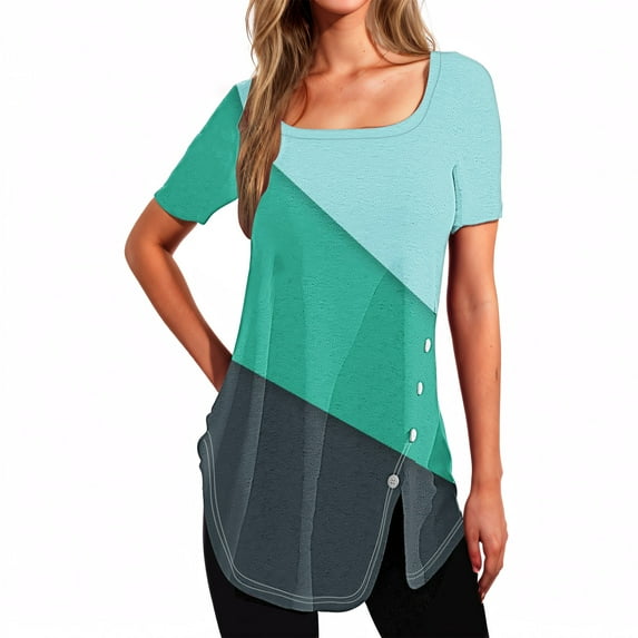 Raeneomay Split Hem Shirt and Oversized T Shirts Women's Short Sleeved Printed Neck Button Open Hem T-Shirt Top