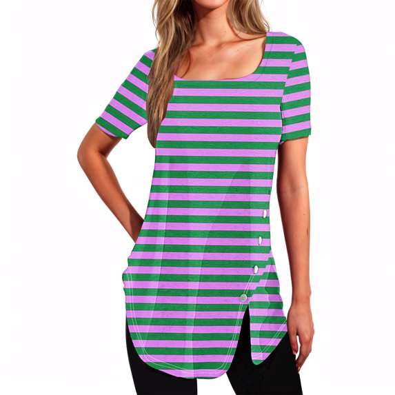 Raeneomay Split Hem Shirt and Oversized T Shirts Women's Short Sleeved Printed Neck Button Open Hem T-Shirt Top