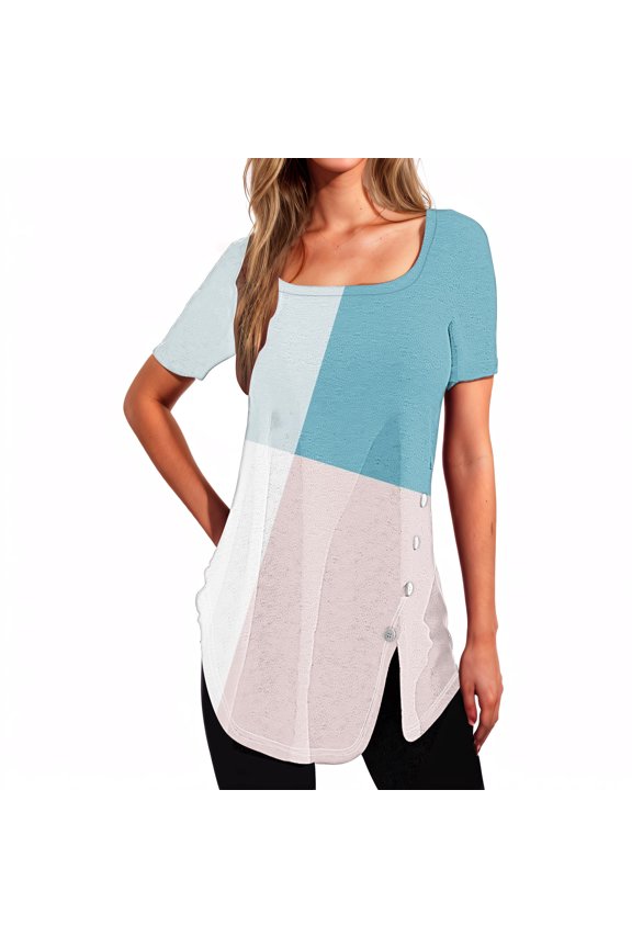 Split Hem Shirt and Oversized T Shirts Women's Short Sleeved Printed Neck Button Open Hem T-Shirt Top