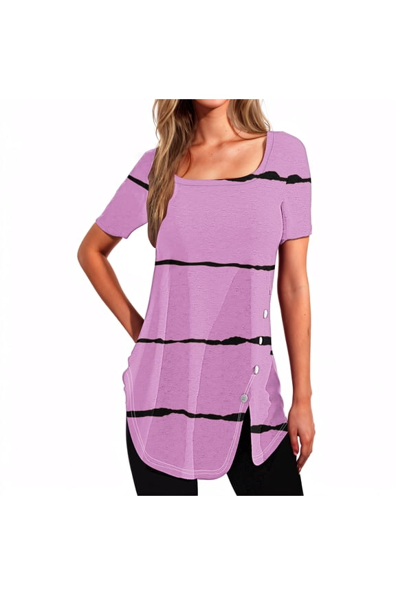 Split Hem Shirt and Oversized T Shirts Women's Short Sleeved Printed Neck Button Open Hem T-Shirt Top