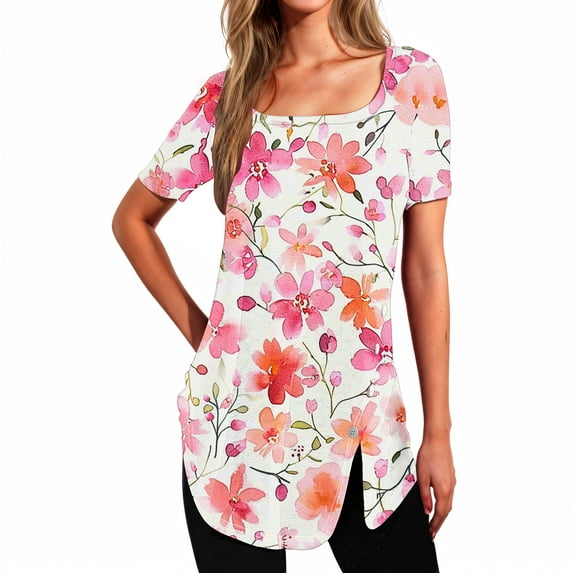 Raeneomay Split Hem Shirt and Oversized T Shirts Women's Short Sleeved Printed Neck Button Open Hem T-Shirt Top