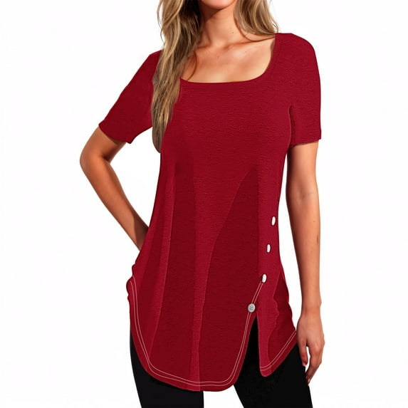 Raeneomay Split Hem Shirt and Oversized T Shirts Women's Short Sleeved Solid Color Neck Button Open Hem T-Shirt Top