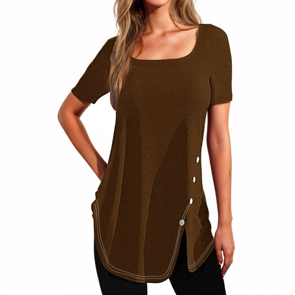 Raeneomay Split Hem Shirt and Oversized T Shirts Women's Short Sleeved Solid Color Neck Button Open Hem T-Shirt Top