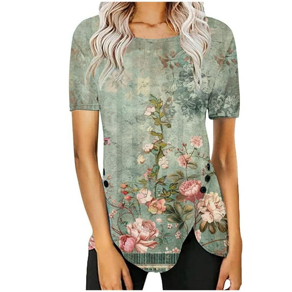 Raeneomay Summer Tops Curved Hem Flowy Shirts Women's Casual Round Neck Casual Button Printed Short Sleeve Blouse Short Sleeve Round Neck Blouse/Shirt