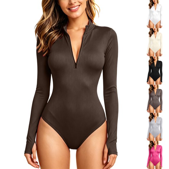Raeneomay Tummy Control Shapewear Bodysuit for Women Half Zip Mock Neck Long Sleeve Bodysuits Seamless Built-in Bra Body Shaper Waist Trainer Body Suit Butt Lifter