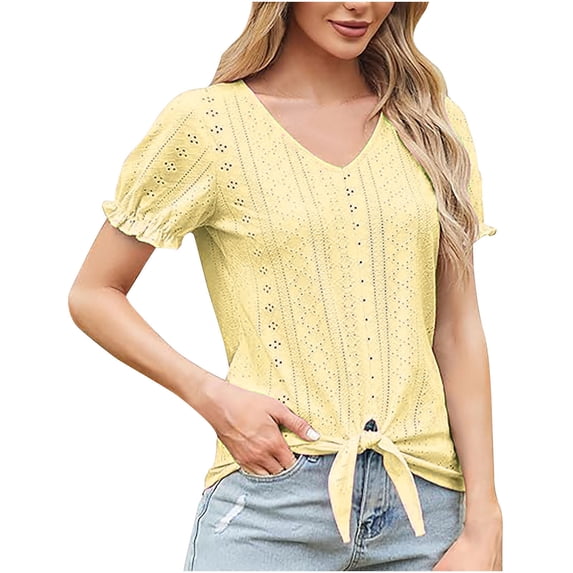 Raeneomay Tunic Tops for Women Women's Solid V-Neck Short Sleeved Solid Color T-Shirt Court Lock Top Short Sleeved V-Neck Top Short Sleeved V-Neck Top/Shirt