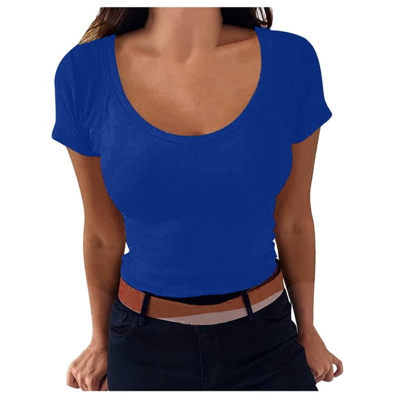 Raeneomay Tunic Tops for Women Casual Solid Color Short-Sleeved U-Neck Top