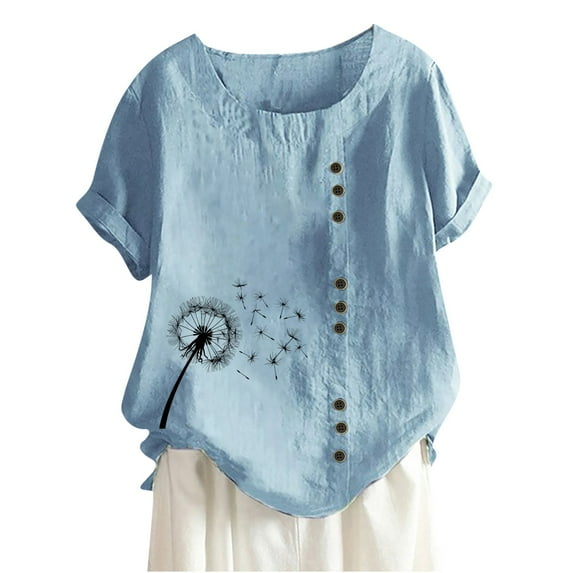 Raeneomay Tunic Tops for Women Plus Size Fashion Woman Rounk Neck Short Sleeve Blouse T-Shirt Printing Loose Tops