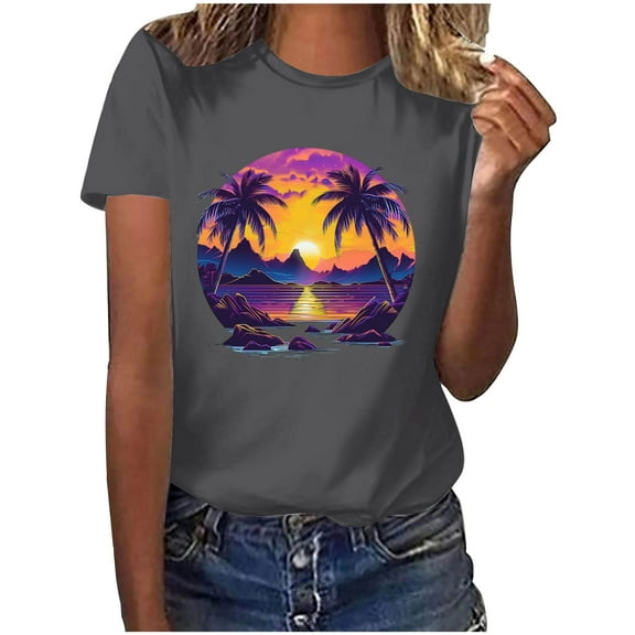 Raeneomay Tunic Tops for Women Plus Size Women's Fashion CrewNeck Printed Short Sleeve T-Shirt Casual Loose Shirt Tops