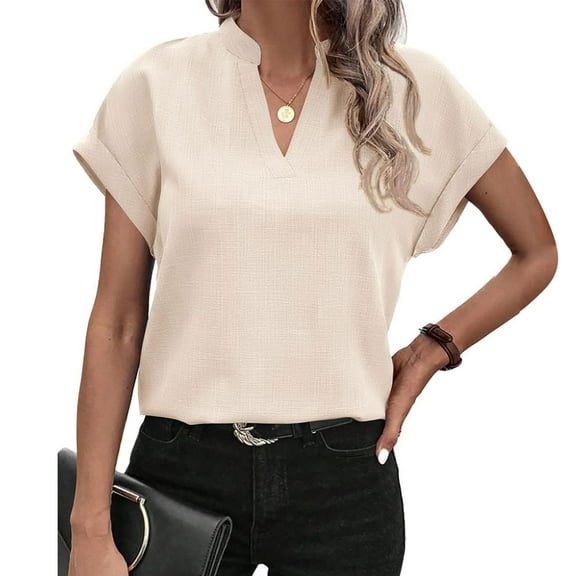 Raeneomay Tunic Tops for Women Women's Casual Printed Color Short-Sleeved Button V-Neck Top Blouse