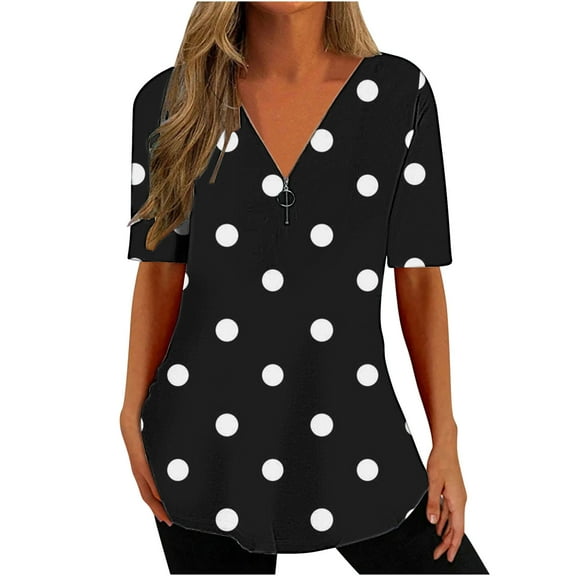 Raeneomay Tunic Tops for Women Women's Fshion Print Funny Casual Zipper Short Sleeve Tops Blouse