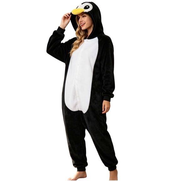 Raeneomay Unisex Adult Penguin Onesie Hooded Plush Warm Animal Costume Pajama for Parties and Lounging S-XL