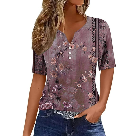 Raeneomay V Neck Button Up Tunic Tops Summer Tops for Women Vacation Trendy V Neck Short Sleeve Shirts Casual Loose Spring Vintage Floral Print Comfy Tunic Clothes