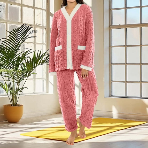 Raeneomay Women's 2 Piece Fall Winter Warm Thick Fleece Pajamas Set, V Neck Button Front Long Sleeve Long Pants with Pockets Casual Sleepwear Loungewear