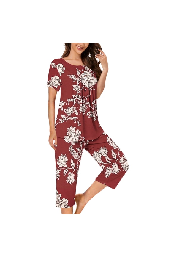 Women's 2 Piece Fashion Printed Pajama Set with Pockets, Short Sleeve Button Front Crew Neck Capri Pants Spring Summer Casual Loose Sleepwear Loungewear