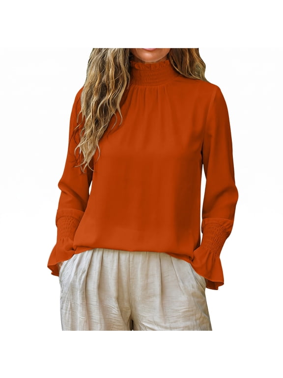 Women's Chiffon Blouse - Ruffle Neck Long Sleeve Smocked Cuff Top