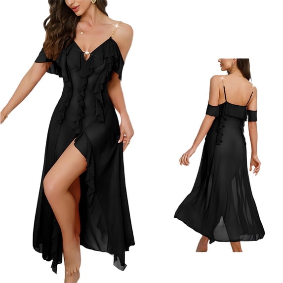 Raeneomay Women's Fashion Sheer Mesh Sexy Nightgown, Cold Shoulder Metal Chain Strap Ruffle Trim High Slit Spring Summer Sleepwear
