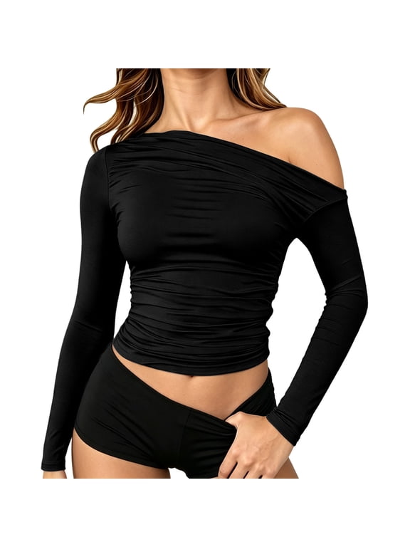 Women's Off Shoulder Long Sleeve Crop Top, Asymmetrical Neck Shapewear Side Ruched Built-in Bra Slim Fit Spring Fall Basic Blouse